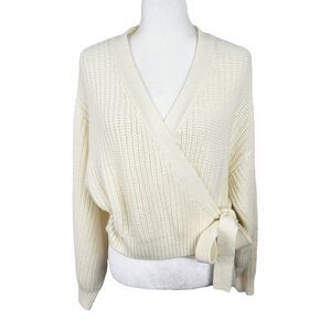 Divided H&M Wrap Sweater Women Medium Cream Knit Balloon Sleeve Cardigan Casual